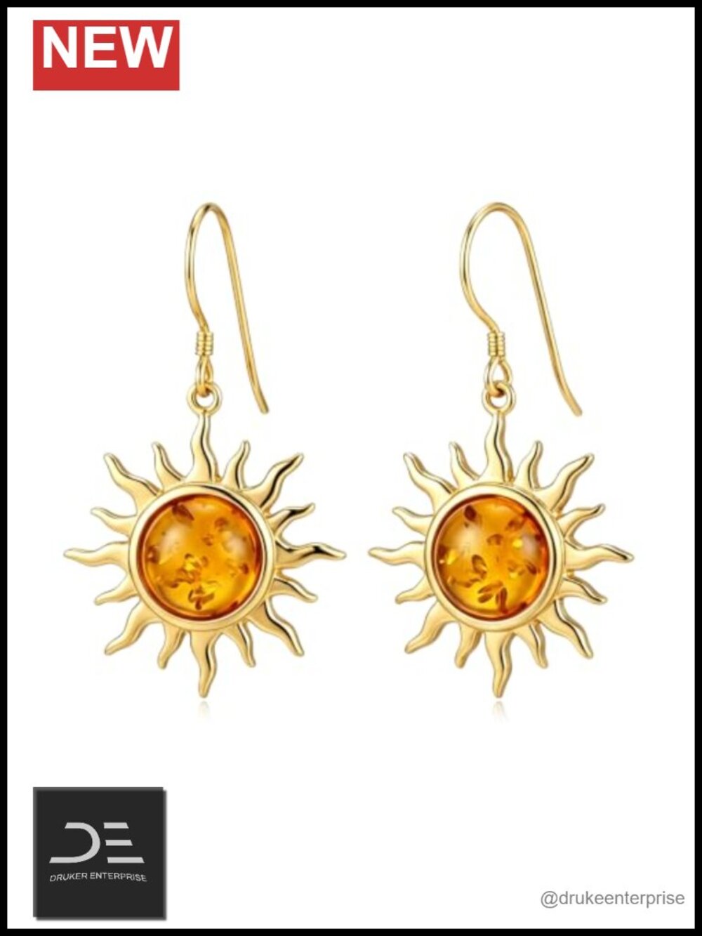 14K Gold Plated Genuine Amber Sun Drop Dangle Earrings Hypoallergenic